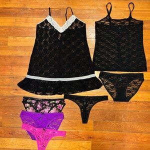 NWOT Black Lace Chemise & Black Lace Tank with 5 pairs of panties Size L